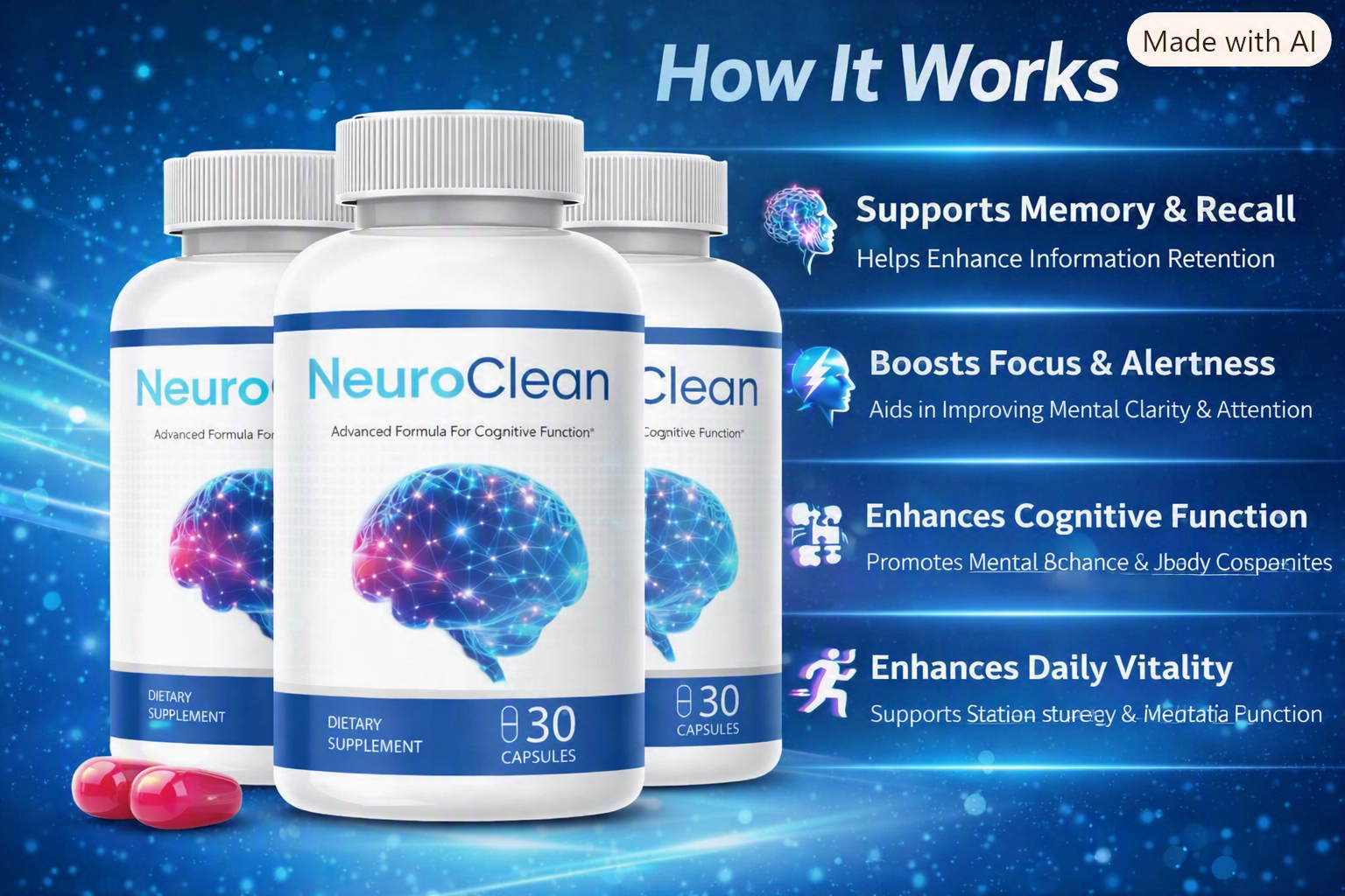Diagram showing how Neuroclean supports memory, focus, cognition, and brain health